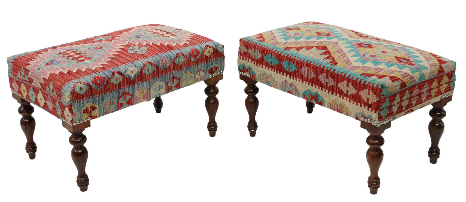 (2) SOUTHWEST STYLE KILIM UPHOLSTERED BENCHES: (lot of 2) Southwest style benches/ ottomans, 20th c., kilim upholstered seats, rising on turned legs, with nailhead accents, approx 17"h, 28"w, 17.5"d Start Price: $200.00