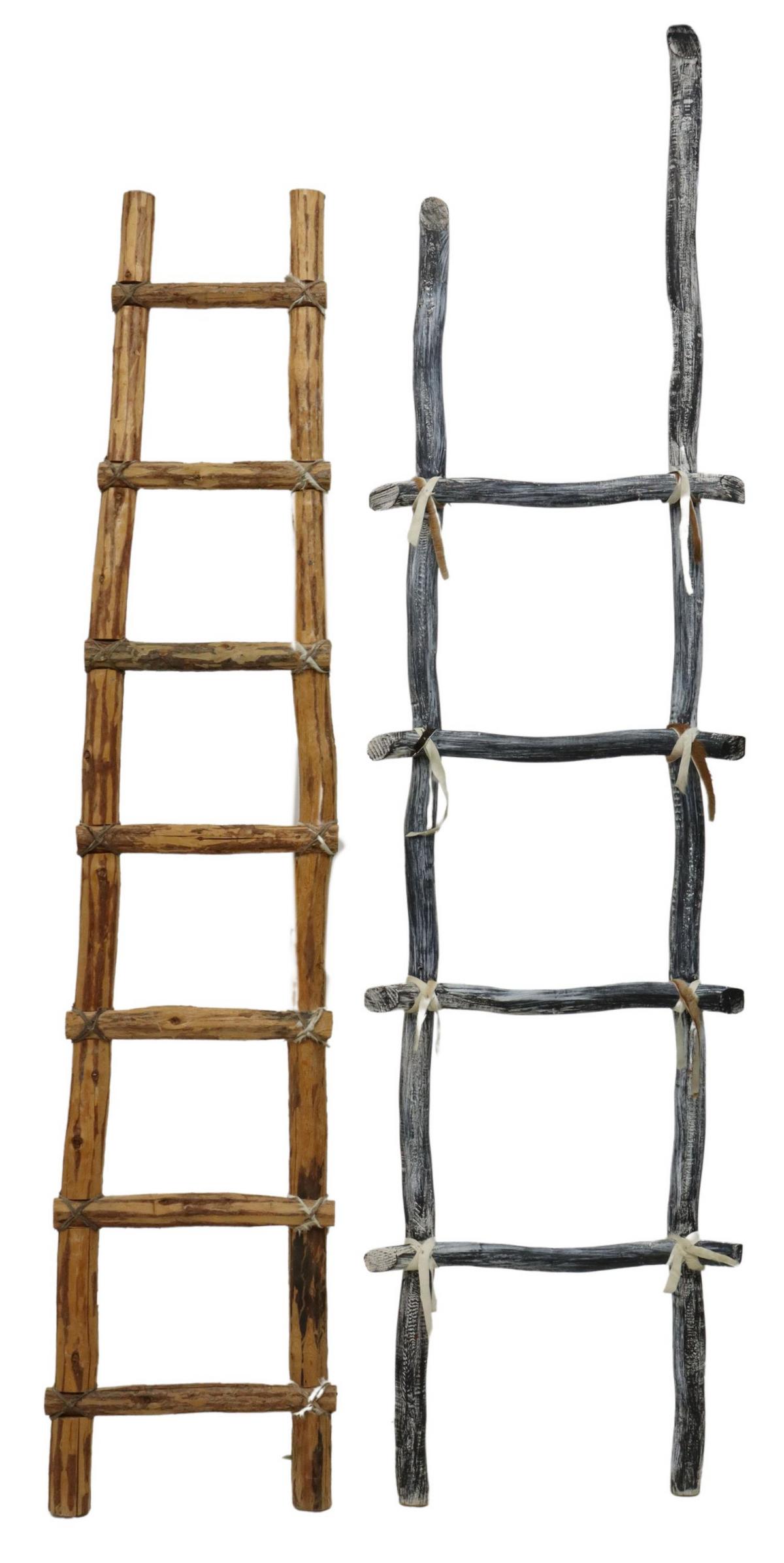 (2) RUSTIC KIVA STYLE WOOD WALL LADDERS: (lot of 2) Rustic kiva style decorative wood ladders, 20th c., accented with hide ties, comprising: (1) blue painted, having four rungs; (1) unpainted pine, with seven rungs; largest: approx 95"h, 24"