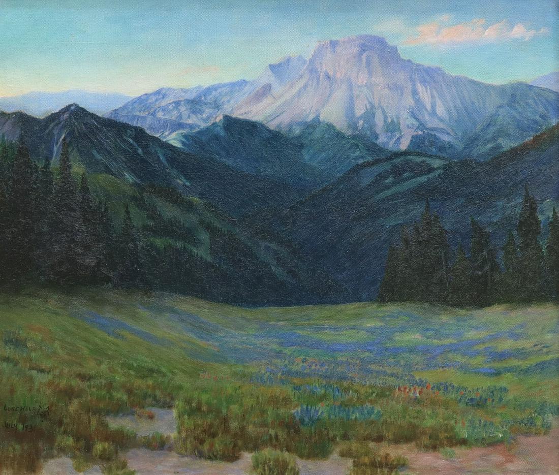 LONE WOLF (1882-1970) MOUNTAIN WILDFLOWERS: Framed oil on canvas painting, Mountain Wildflowers, signed lower left Lone Wolf (Hart Merriman Schultz, Blackfoot Reservation, Montana, California, 1882-1970), dated July 1931, sight: 15.5"h, 19.5"w,