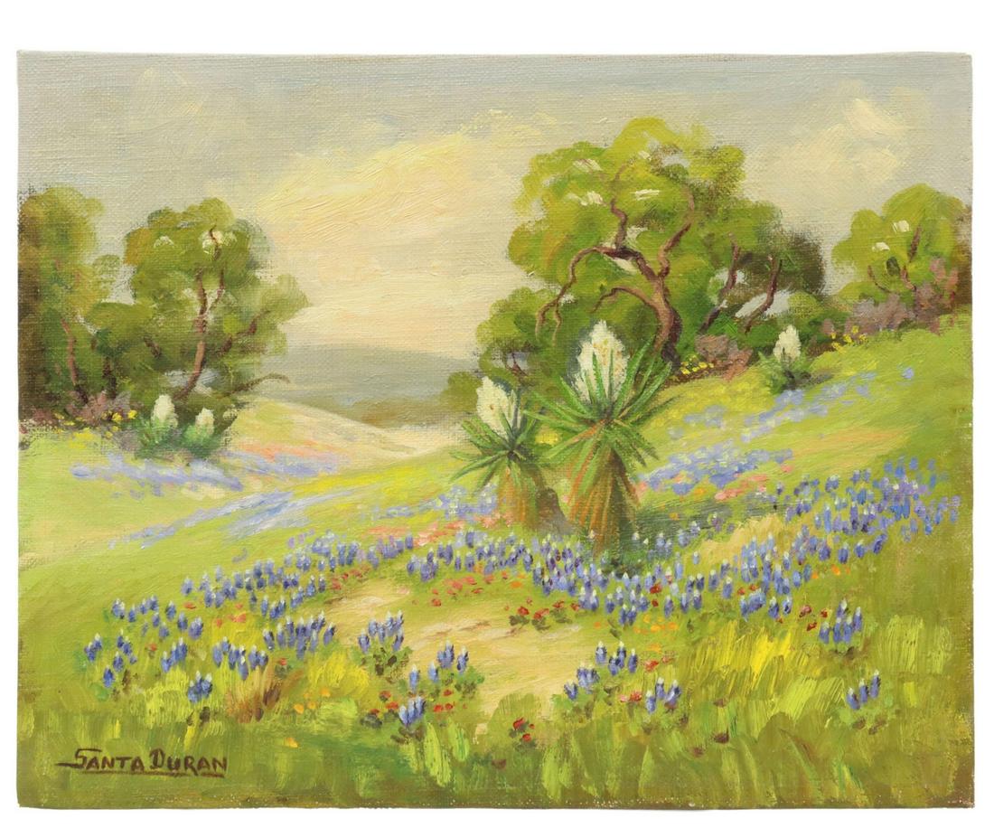 SANTA DURAN (1909-2002) BLUEBONNET LANDSCAPE: Unframed oil painting on canvas laid on board, "Spanish Daggers & Bluebonnets," signed lower left Santa Duran (Texas, 1909-2002), signed again at verso with title, dated 1968, approx 8"h, 10"w, 0.50lb