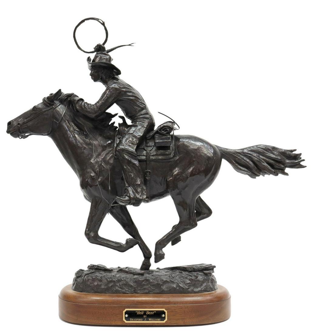 BRADFORD WILLIAMS (B1948) HELL BENT WESTERN BRONZE: Patinated bronze sculpture, "Hell Bent," signed in the cast Bradford J. Williams (Colorado, Arizona, b.1948), numbered 2/ 30, dated 1999, bronze only: approx 18.75"h, 21"w, 6.5"w, swivel wood base: 2"