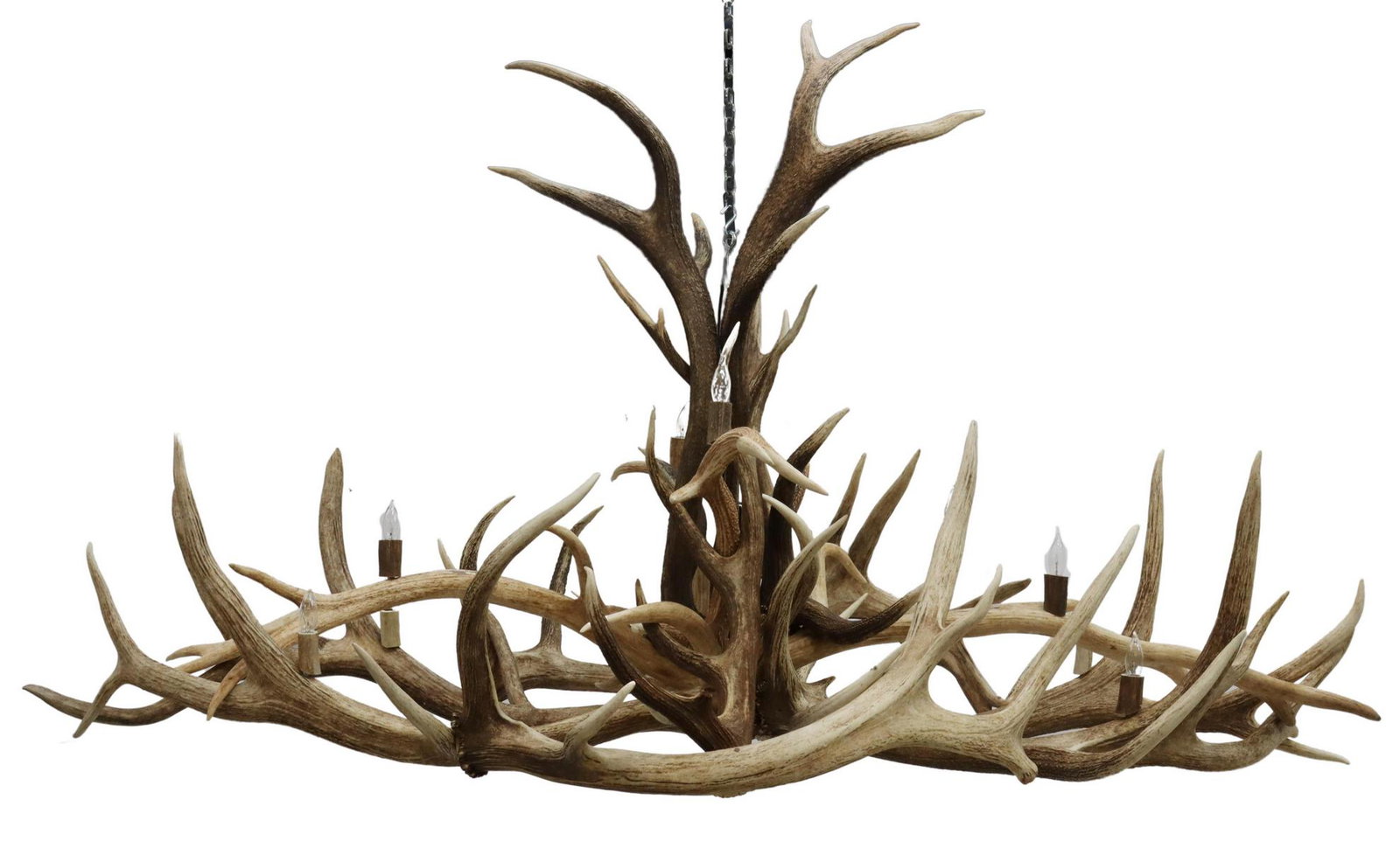 LARGE ELK ANTLER EIGHT-LIGHT CHANDELIER, 79"L: Large Elk antler eight-light chandelier, approx 46"h, 79"l, 48"w *Provenance: A private Texas museum.* Start Price: $500.00