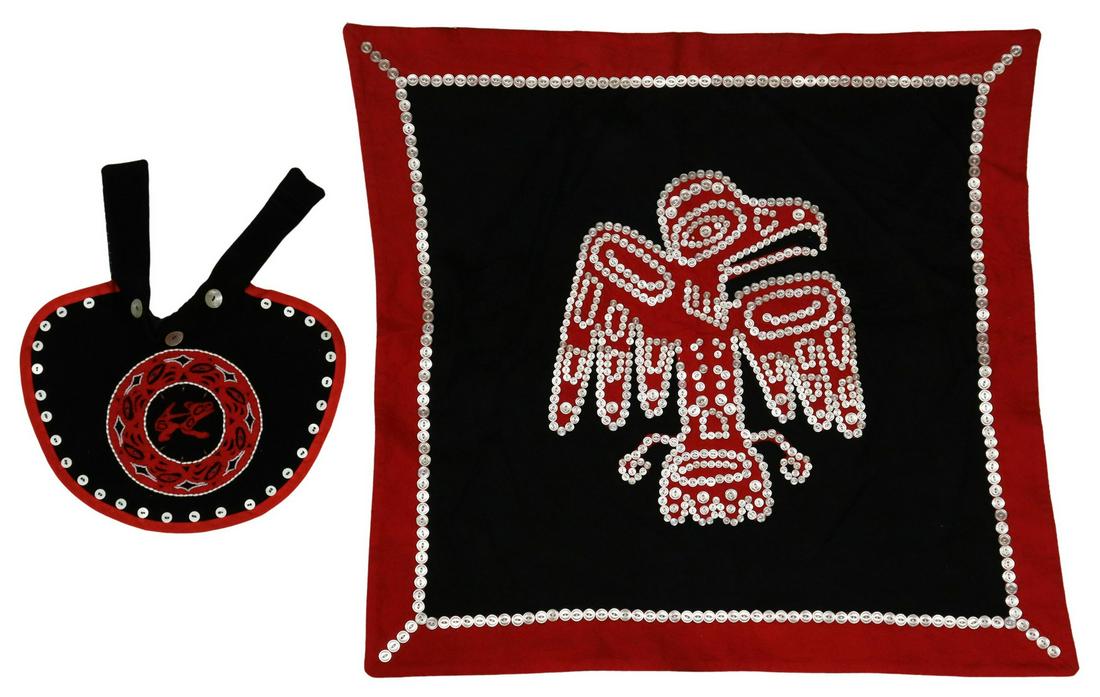 (2) NORTHWEST COAST PEOPLES BUTTONED BLANKET CAPE: (lot of 2) Northwest Coast Peoples button blanket cape, British Columbia, Canada, possibly Haida or Tlingit, red wool borders the black cloth having a central depiction of a white buttoned on red depi