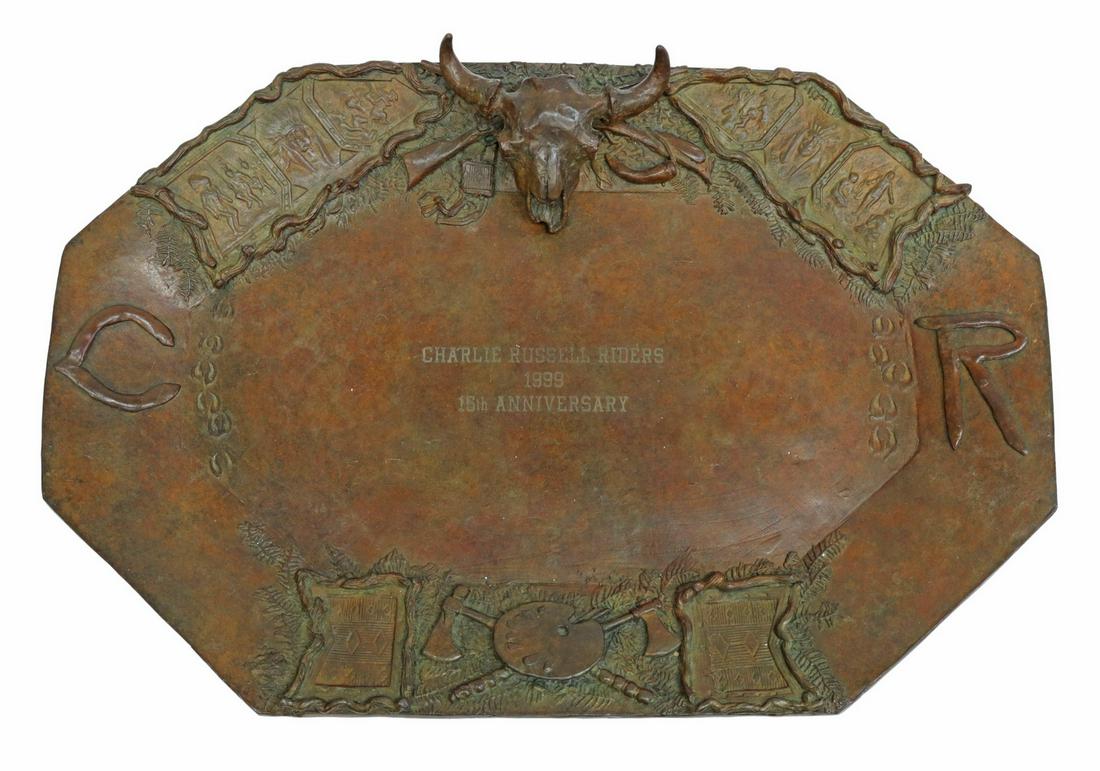 MICHAEL COLEMAN CHARLIE RUSSELL RIDERS BRONZE: Bronze tray marked "Charlie Russell Riders, 1999, 15th Anniversary" (Charlie Russell Foundation, Bigfork, Montana, formed 1985 to support historic and cultural programs), signed at lower right center