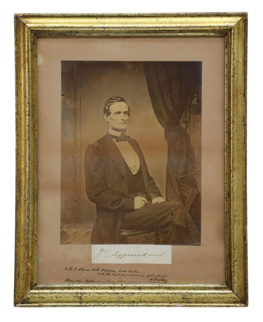 JEFFERSON DAVIS 1863 PHOTO & AUTOGRAPH: Framed photograph of Jefferson Davis, c.1863, as President of the Confederate States of America, with an added Davis autograph and lower inscription in ink reading "To W.J. Almon M.D. Halifax, Nova Sc