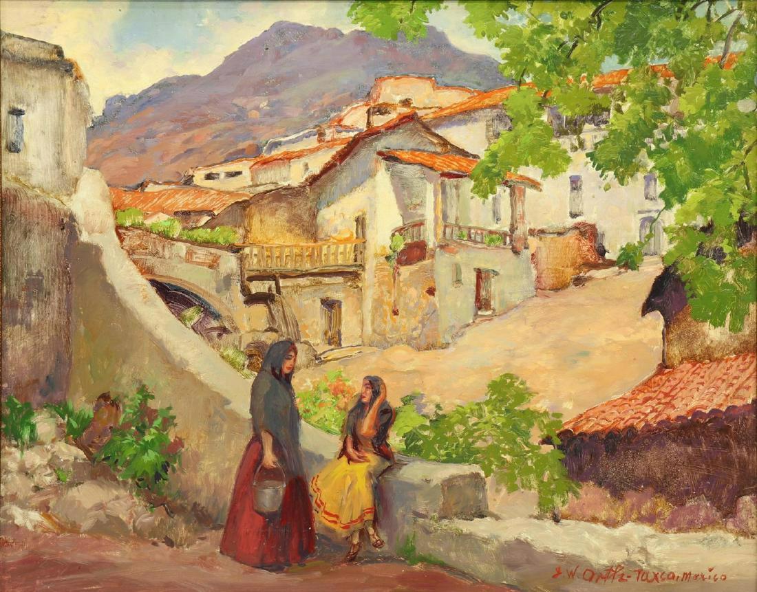 JOHN WILLIAM ORTH (D.1976) TAXCO, MEXICO PAINTING: Framed oil on board painting, "Taxco, Mexico," signed lower right J.W. Orth (John William Orth, California, Texas, 1889-1976), sight: approx 15.5"h, 19.5"w, overall: approx 21"h, 25"w, 5.5lbs Start Pr