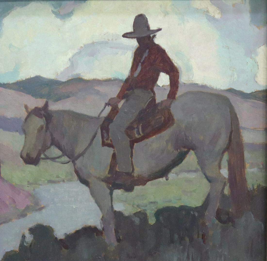 GLENN DEAN (B.1976) COWBOY ON HORSEBACK PAINTING: Framed oil on board painting, "Wyoming Cowboy," signed lower right G. Dean (Glenn Dean, California, New Mexico, b.1976), signed again and dated 2018 verso, sight: 7 1/8"h, 7 1/8"w, overall: 14"h, 14"w