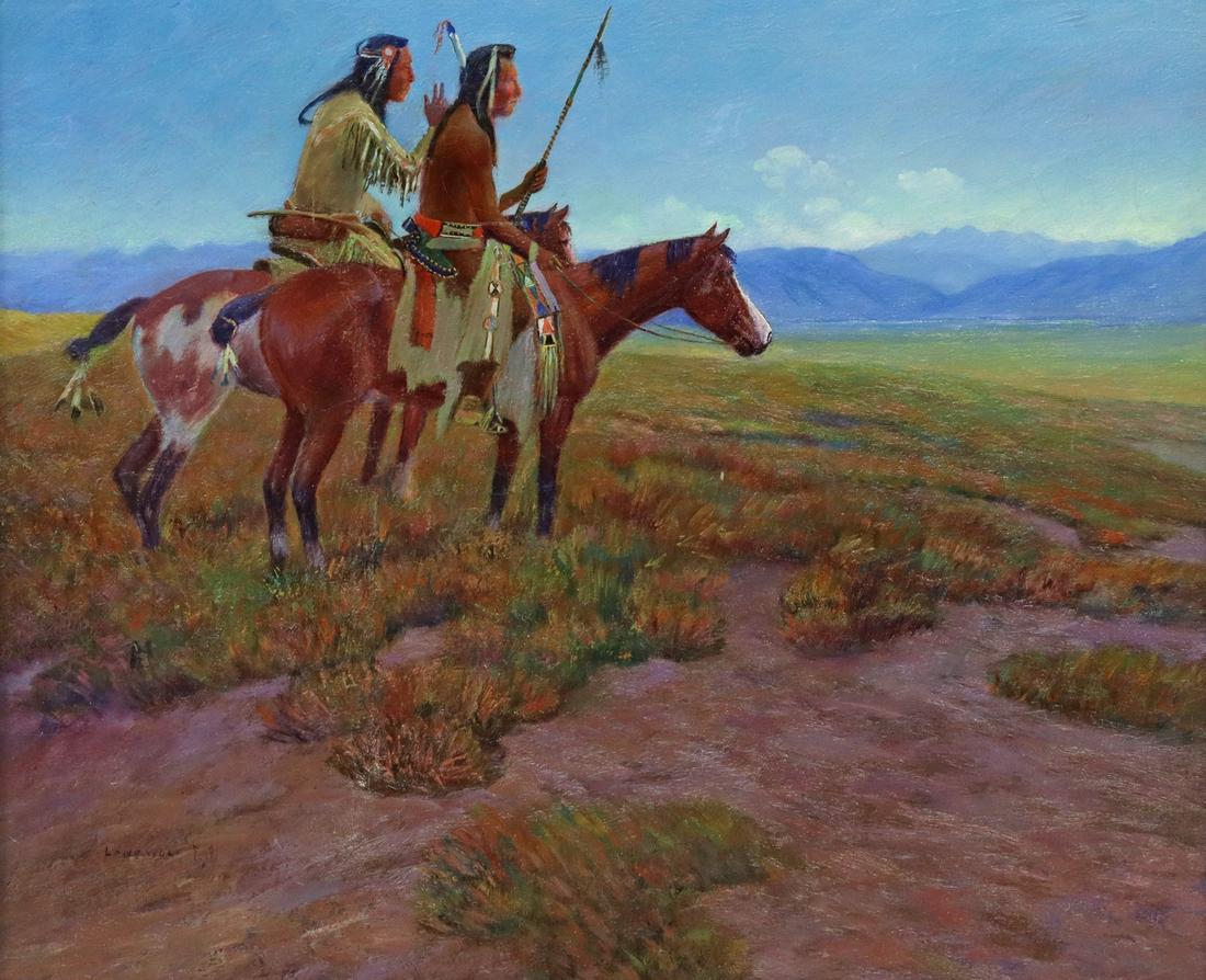 LONE WOLF (1882-1970) BLACKFEET SENTINELS: Framed oil painting on relined canvas, Blackfeet Sentinels, signed lower left Lone Wolf (Hart Merriman Schultz, Blackfoot Reservation, Montana, California, 1882-1970), verso stretcher tags of "1999 C.