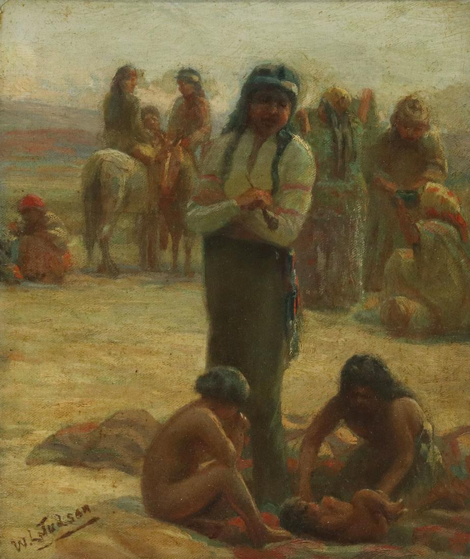 WILLIAM JUDSON (1842-1928) NATIVE AMERICAN SCENE: Framed oil painting on canvas mounted to board, Family, signed lower left W.L. Judson (William Lees Judson, California, 1842-1928), sight: 9.5"h, 11.5"w, overall: 16.5"h, 14.75"w, 3.25lbs Start Price: