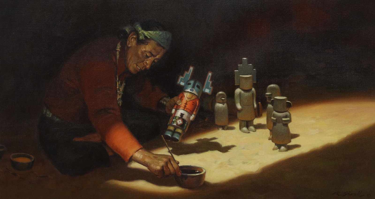 ROY GRINNELL (1933-2018) KACHINA PAINTER: Framed oil painting on canvas, Kachina Painter, signed lower right R. Grinnell (New Mexico, California, 1933-2019), sight: 14.5"h, 27"w, overall: 24.5"h, 37.5"w, 12.25lbs Start Price: $800.00