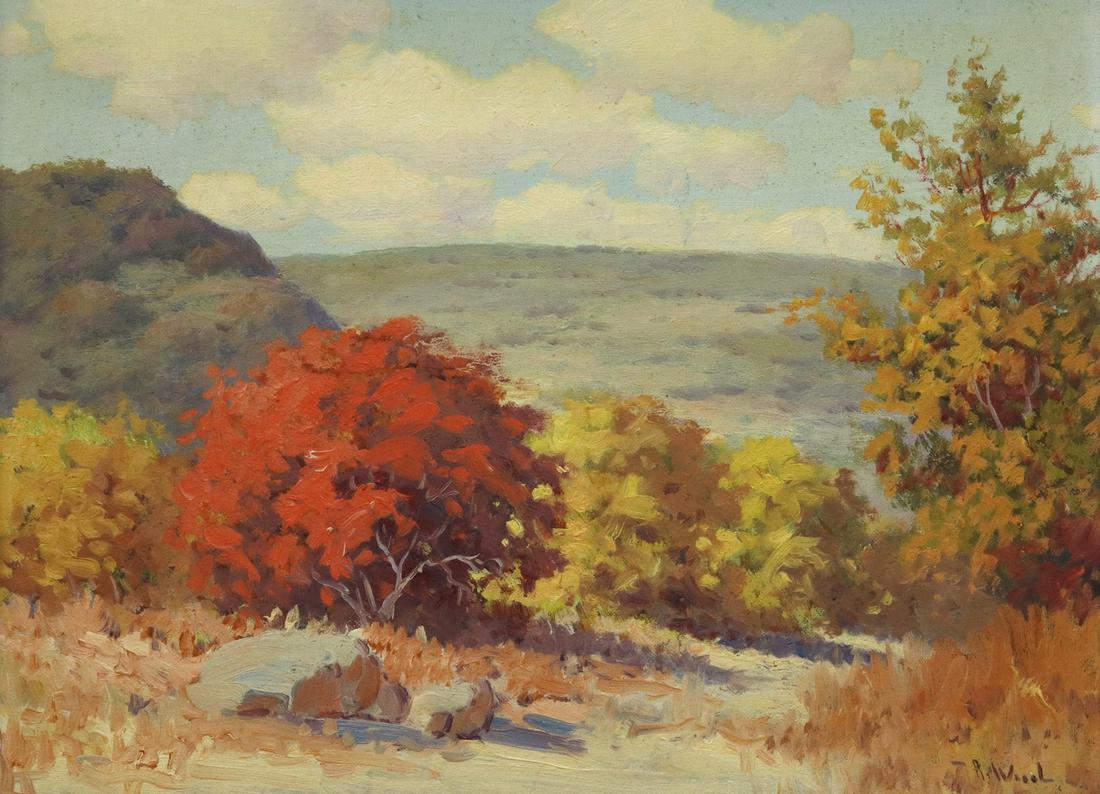 ROBERT WOOD (1889-1979) TEXAS HILL COUNTRY FALL: Framed oil painting on canvas art board, Texas Hill Country Fall, signed lower right R. Wood (Robert William Wood, California, Texas, 1889-1979), sight: 11.5"h, 15.25"w, overall: 15.5"h, 19.5"w, 2.80l