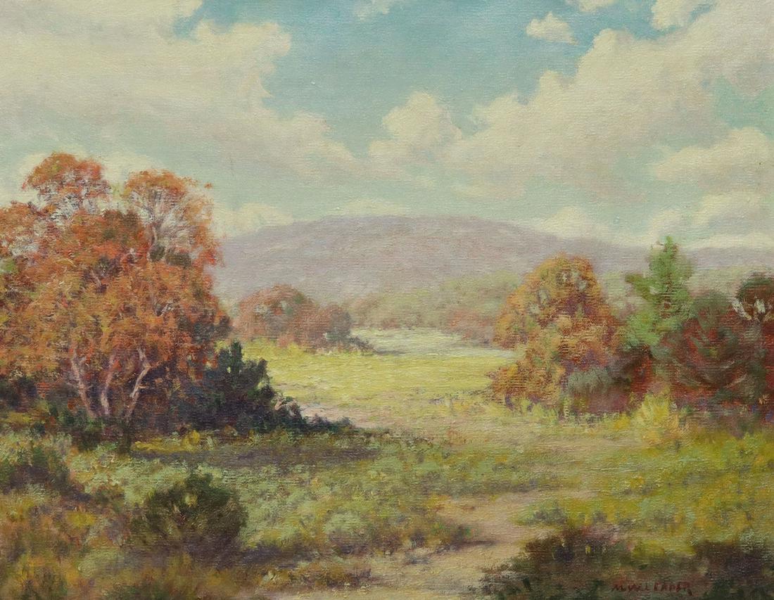 MORRIS LEADER (1877-1966) FALL DAY IN TEXAS: Framed oil painting on canvas, Fall Day in Texas, signed lower right M.W. Leader (Morris Walton Leader, Texas, 1877-1966), verso with tags of G. Harvey Gallery, Austin, one marked "Cleaned and Varnish
