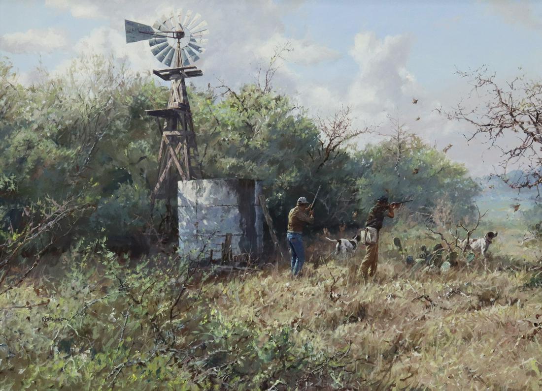 JAMES ROBINSON (TX, 1944-2015) HUNTING, 22" X 30": Framed acrylic on board painting, "Tomorrow's Tale," signed lower left Robinson (James B. Robinson, Texas, 1944-2015), Meinhard Galleries label verso, sight: 21.5"h, 29.5"w, overall: 30"h, 38"w, 13lbs