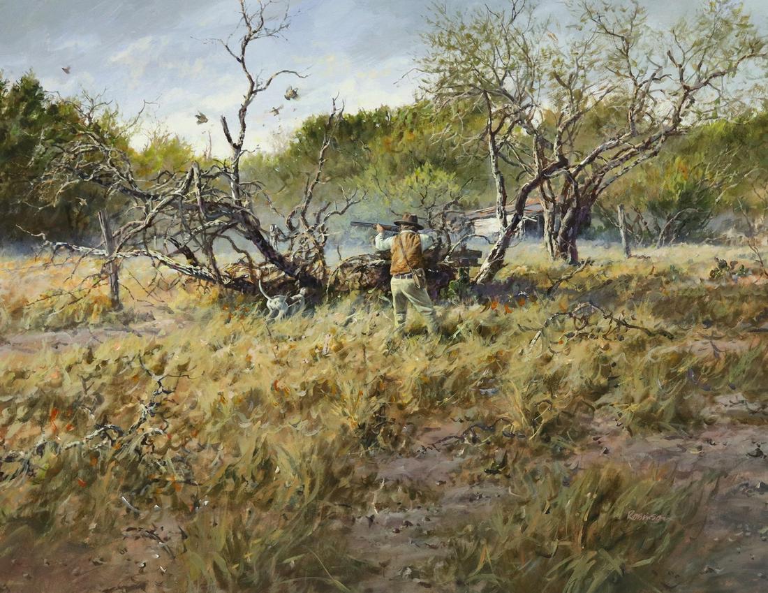 JAMES ROBINSON (1944-2015) QUAIL HUNT, 24" X 30": Framed acrylic on panel painting, "Pure Concentration," signed lower right Robinson (James B. Robinson, Texas, 1944-2015), Meinhard Galleries label verso, sight: 23.5"h, 29.5"w, overall: 30.75"h, 36.7
