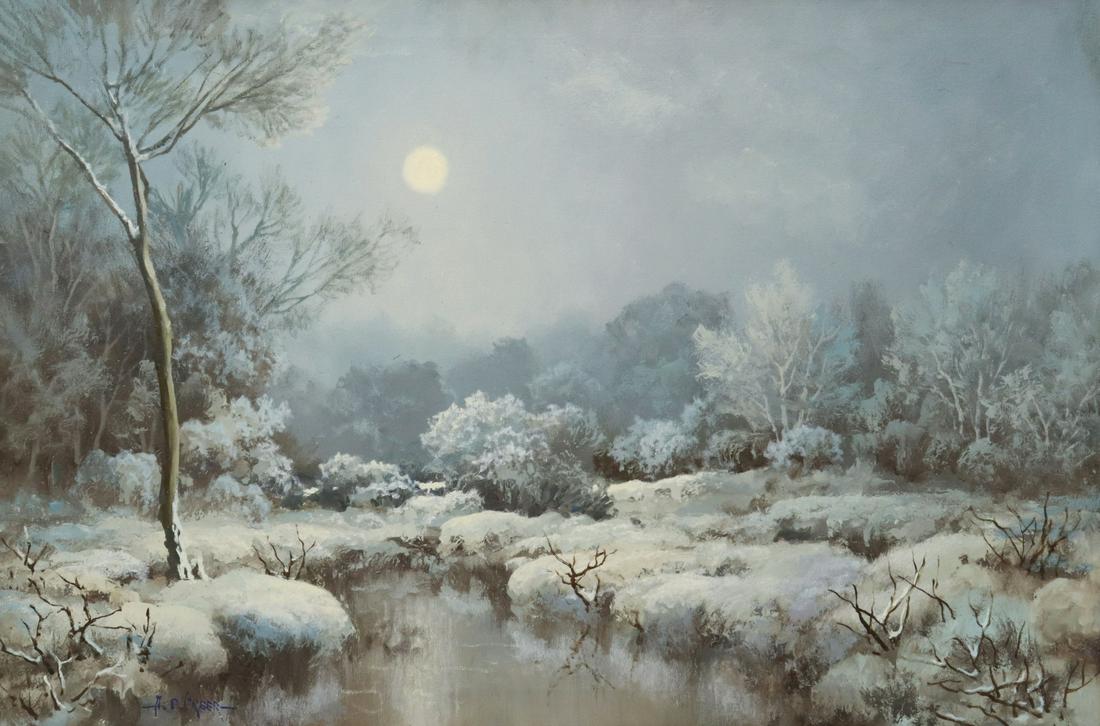 A.D. GREER (1904-1998) MOONLIT WINTER LANDSCAPE: Framed oil on canvas painting, Moonlit Winter Landscape, signed lower left A.D. Greer (Aubrey Dale Greer, Oklahoma, Texas, 1904-1998), sight: 23.5"h, 35.5"w, overall: 32"h, 44"w, 12.75lbs Start Price: