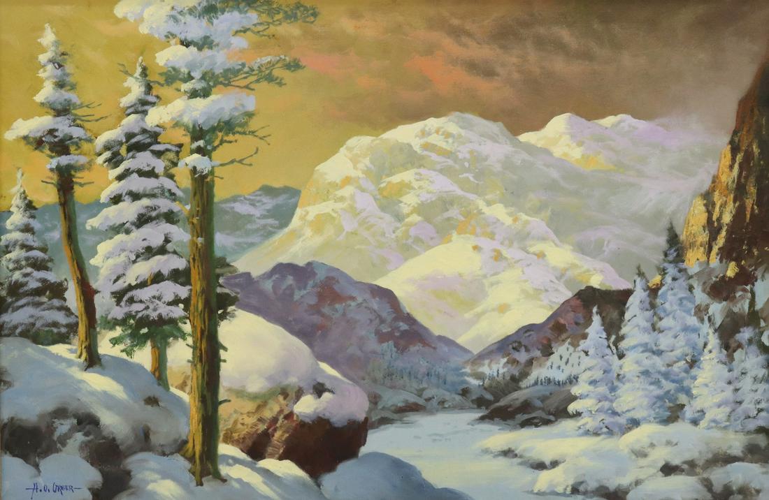 A.D. GREER (1904-1998) SNOWY MOUNTAINS, 24" X 36": Framed oil on canvas painting, Snowy Mountain Landscape, signed lower left A.D. Greer (Aubrey Dale Greer, Oklahoma, Texas, 1904-1998), sight: approx 24"h, 36"w, overall: 33.25"h, 45.25"w, 15lbs Start 
