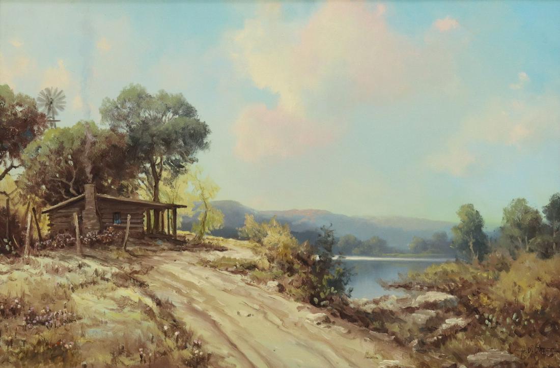 A.D. GREER (1904-1998) CABIN BY THE LAKE 24" X 36": Framed oil on canvas painting, Cabin by the Lake, signed lower right A.D. Greer (Aubrey Dale Greer, Oklahoma, Texas, 1904-1998), sight: approx 24"h, 36"w, overall: 35.5"h, 48"w, 14.5lbs Start Price: $