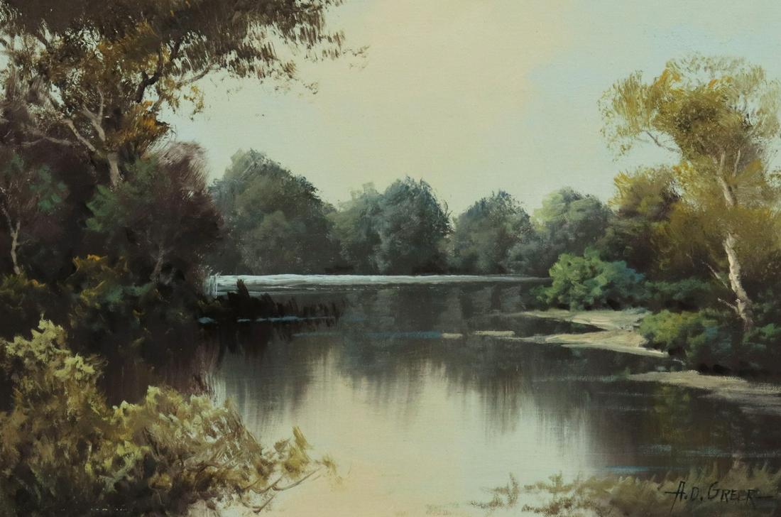 A.D. GREER (1904-1998) RIVER LANDSCAPE, 18" X 24": Framed oil on canvas board painting, River Landscape, signed lower right A.D. Greer (Aubrey Dale Greer, Oklahoma, Texas, 1904-1998), sight: approx 12.75"h, 18.75"w, overall: 25"h, 31.5"w, 5.75lbs Star