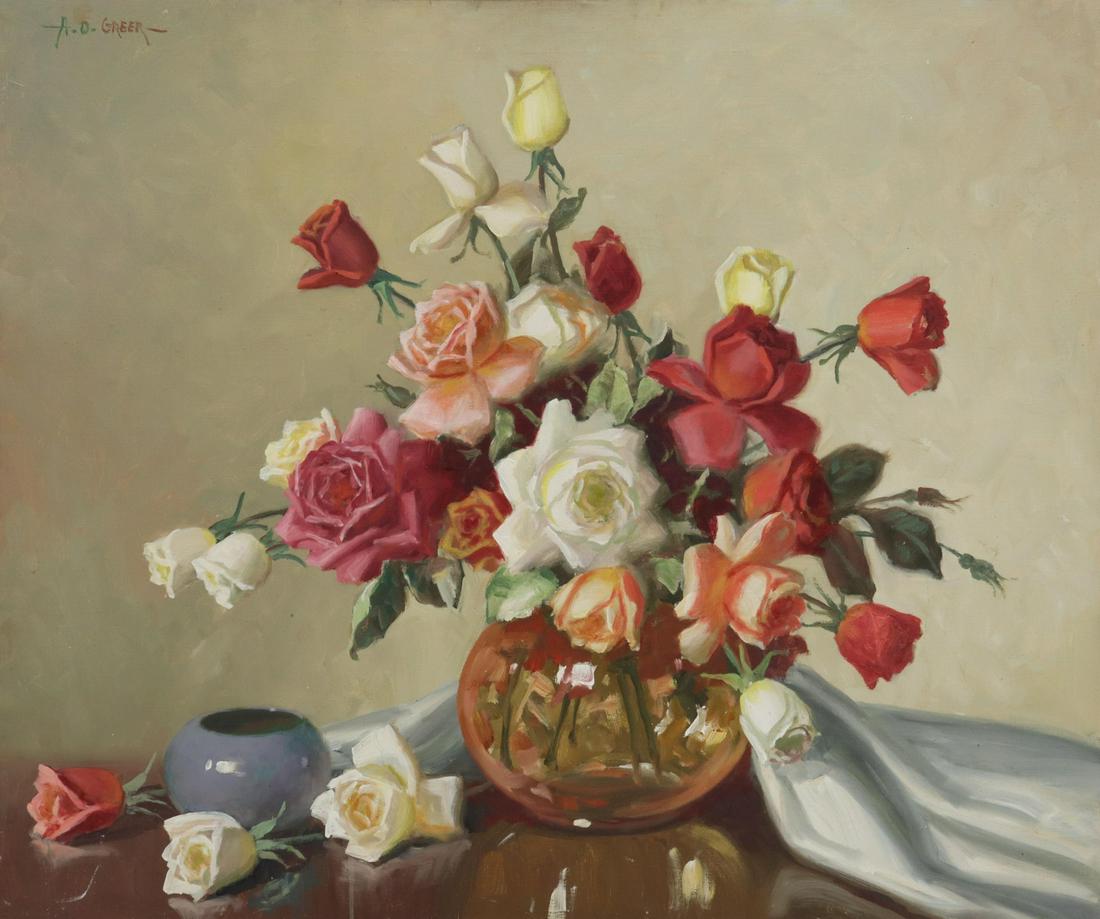 A.D. GREER (1904-1998) COLORFUL ROSES, 25" X 30": Unframed oil painting on stretched canvas, Still Life with Colorful Roses, signed upper left A.D. Greer (Aubrey Dale Greer, Oklahoma, Texas, 1904-1998), approx 25"h, 30"w, 2.5lbs Start Price: $250.00