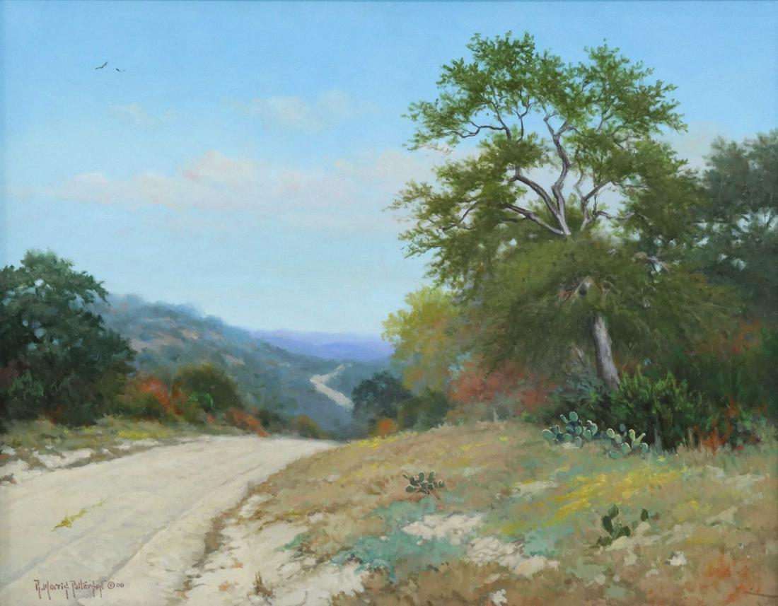 RICK MORRIS PATTERSON (B.1958) ROAD THRU THE HILLS: Framed oil painting on Masonite, "Road Thru the Hills," signed lower left R. Morris Patterson (Rick Morris Patterson, Texas, b.1958), dated 2006, sight: approx 15.5"h, 19.5"w, overall: approx 20.75"h,