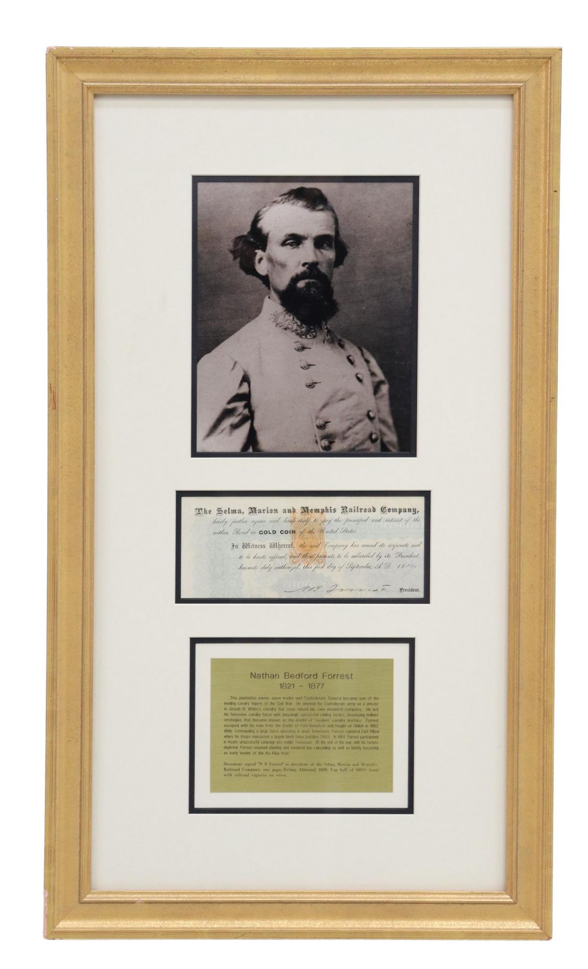 NATHAN BEDFORD FORREST AUTOGRAPH RAILROAD BOND: Framed signature of Nathan Bedford Forrest (Lieutenant General, CSA, 1821-1877) as President of the Selma, Marion and Memphis Railroad Company on September 1, 1869, together with a photo likeness of F