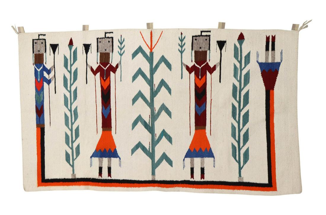 NAVAJO SHIPROCK NEW MEXICO YEI RUG, 4'9" X 2'9.5": Native American Navajo Yei rug, Shiprock, New Mexico, mid 20th c., fitted with five cloth loops for hanging, approx 4'9"l, 2'9.5"w Start Price: $300.00