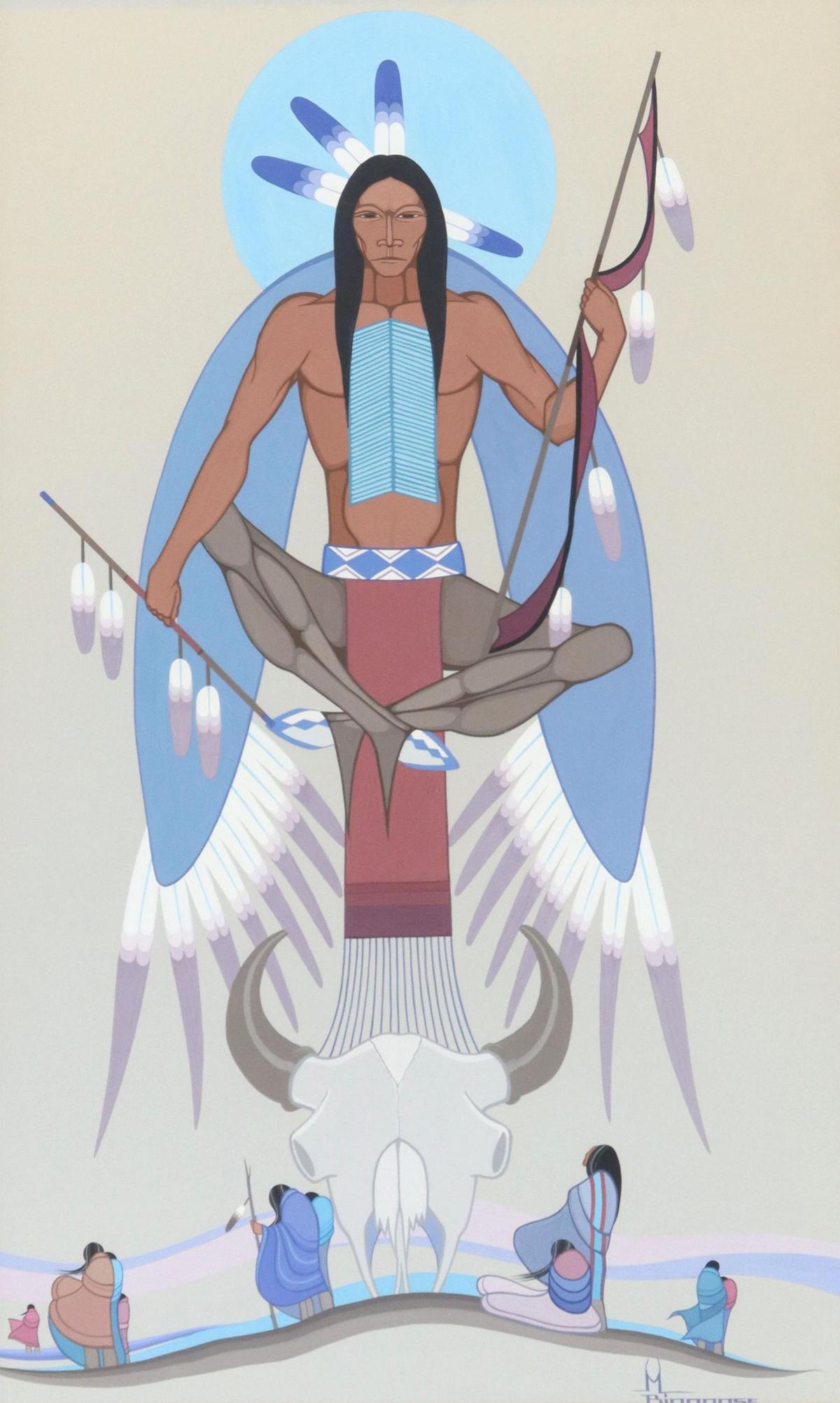 MARS BIGGOOSE (1942-2000) 'ON THE TRAIL OF TEARS': Framed tempera painting on paper, "On the Trail of Tears," signed lower right M. Biggoose (Mars Biggoose, Native American, Ponca Tribe, Oklahoma, 1942-2000), sight: 30.75"h, 19"w, overall: 39.75"h, 27