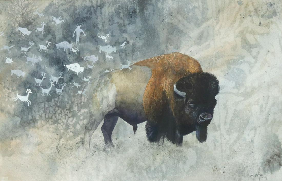 TIM COLLINS (WY) WATERCOLOR BISON THE SURVIVOR: Framed watercolor painting on paper, Bison: The Survivor, signed lower right Tim Collins (Wyoming, 20th/ 21st c.), sight: 14"h, 21.25"w, overall: 24.5'h, 31.5'w, 10.5lbs Start Price: $100.00