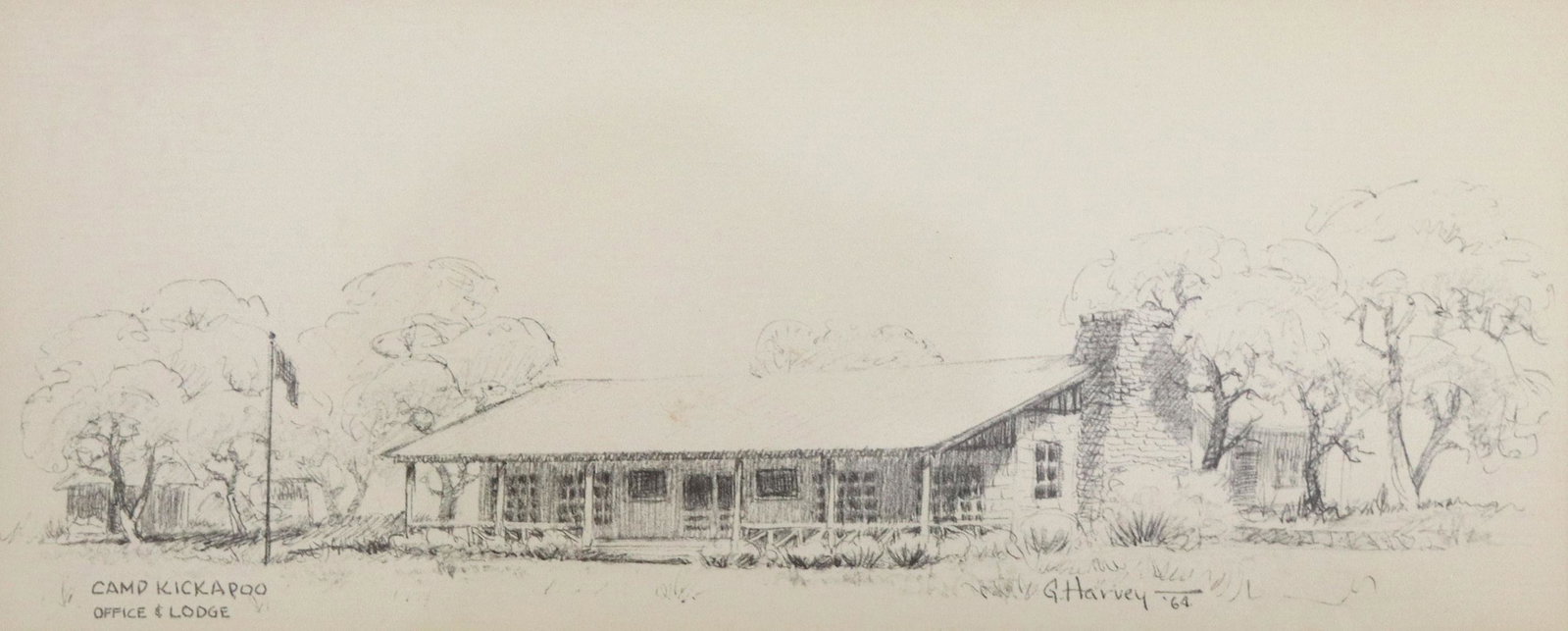 G. HARVEY (1933-2017) PENCIL, CAMP KICKAPOO, TEXAS: Unframed pencil drawing on paper, "Camp Kickapoo, Office & Lodge," signed lower right G. Harvey (Gerald Harvey Jones, Texas, 1933-2017), dated 1964, approx 4.5"h, 11"w Start Price: $200.00