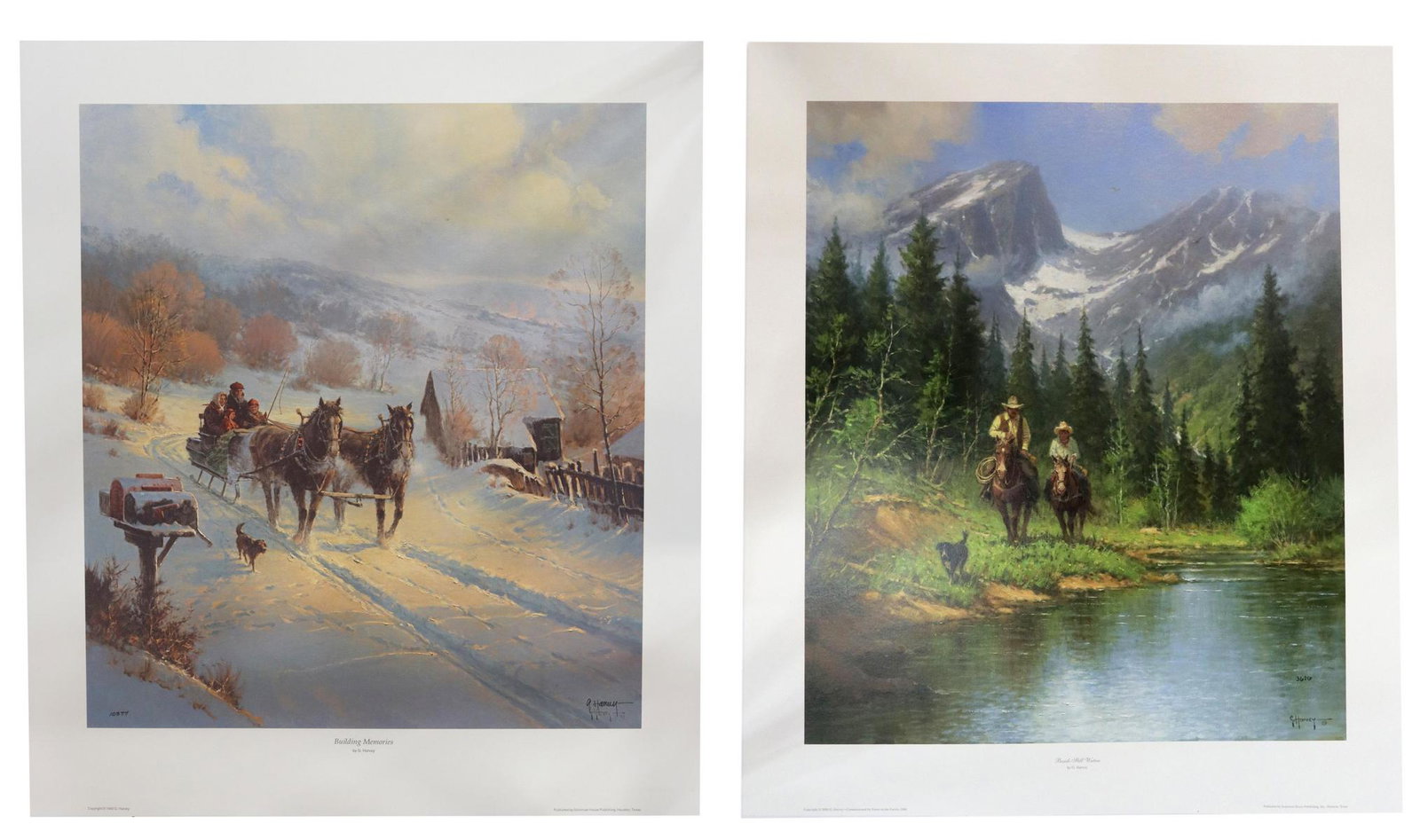 (2) G. HARVEY (TEXAS, 1933-2017) UNFRAMED PRINTS: (lot of 2) Unframed G. Harvey (Gerald Harvey Jones, Texas, 1933-2017) prints by Somerset House, including: (1) "Beside Still Waters," COA 3626, sight: 21.5"h, 18"w, overall: 26"h, 22"w; (1) "Building 