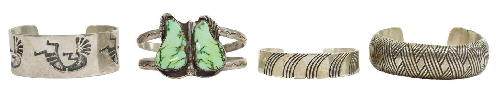 (4) SOUTHWEST & NATIVE AMERICAN SILVER BRACELETS: (lot of 4) Southwest and Native American silver cuff bracelets: (1) sterling cuff, signed SY (possibly Sally Yazzie, Navajo), curved line design, interior: approx 5 1/8", gap: approx 1"; (1) sterling 