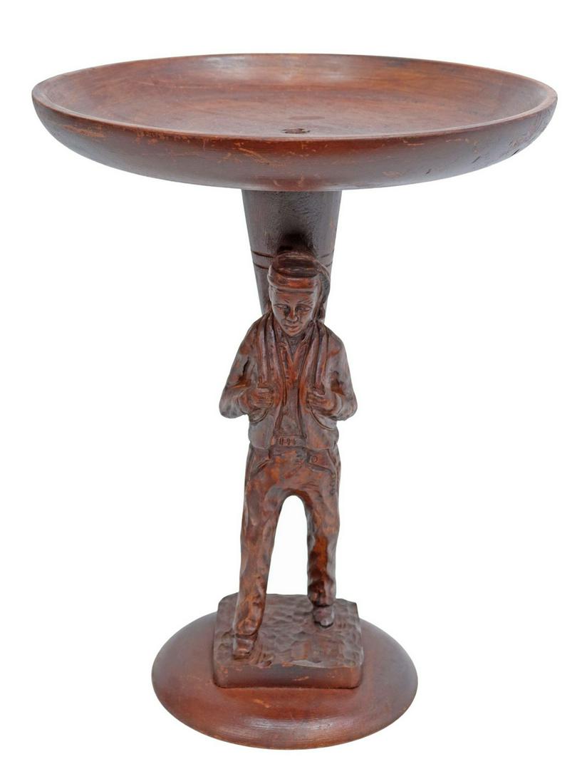 FOLK ART FIGURAL CARVED WOOD COMPOTE PEDESTAL BOWL: Folk art carved wood compote/ pedestal bowl, shallow dish, standard modeled as a man with harvest basket, on a circular foot, approx 13.25"h, 10.5"diam, 1.5lbs Start Price: $50.00