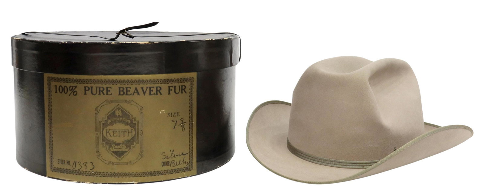 AMERICAN WESTERN 15X BEAVER FUR FELT COWBOY HAT: American western 15X beaver fur felt cowboy hat, Keith Bros. & Co., 20th c., custom made, size 7 5/8, silver belly color, stock number 0383, retaining original labels and hat box, overall: approx 6.5"
