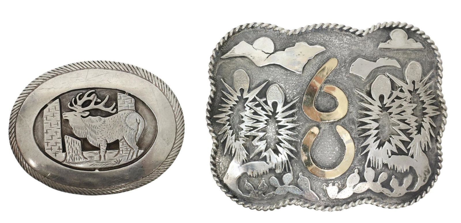 (2) WESTERN BELT BUCKLES, RICK McCUMBER, TOM BAHE: (lot of 2) Western silver belt buckles, including: (1) sterling silver faced buckle, cactus and "6 over U" at center, signed on the verso Rick McCumber (George West, Texas), approx 4.5"h, 3 3/8"w; (1)