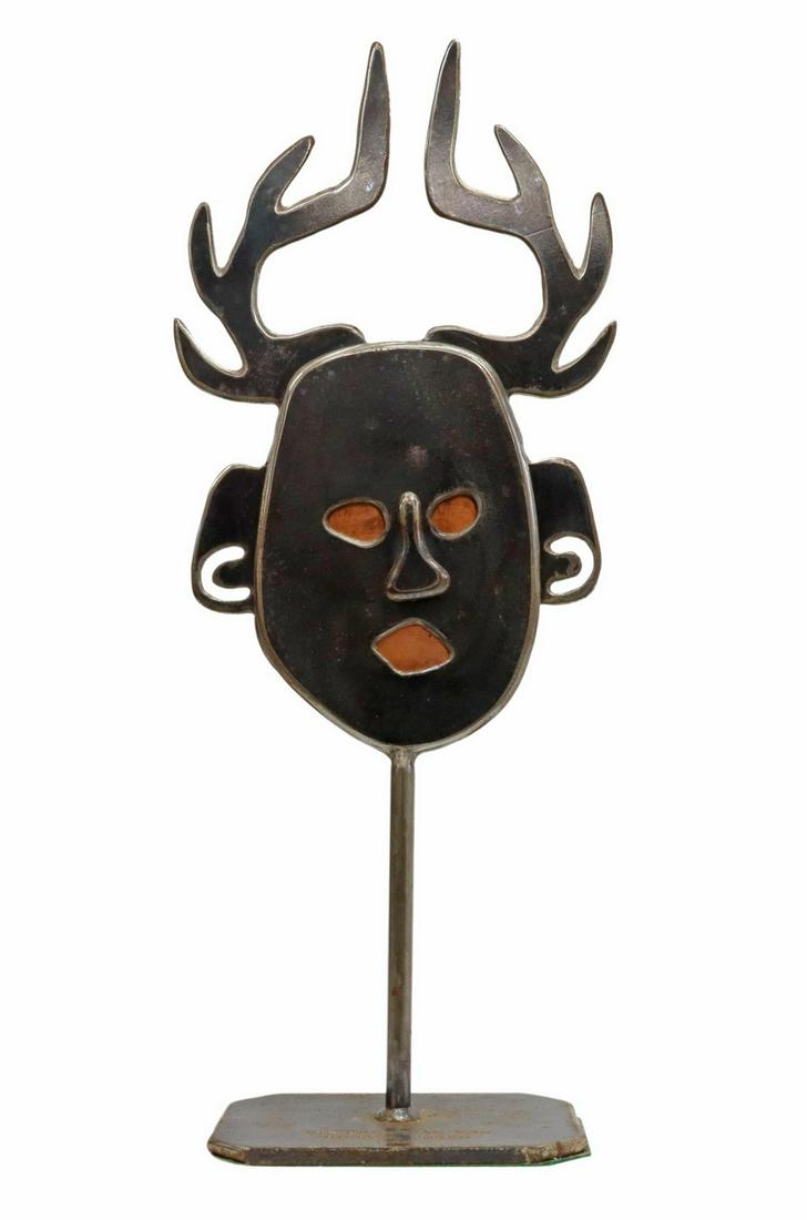 MICHAEL JONES (MT) 'MISSISSIPPIAN MAN' SCULPTURE: Patinated steel and copper sculpture, "Mississippian Man," Michael Jones (Bigfork, Montana, 20th c.), dated 2006, approx 25"h, 8"w, 6"d, 13lbs Start Price: $100.00