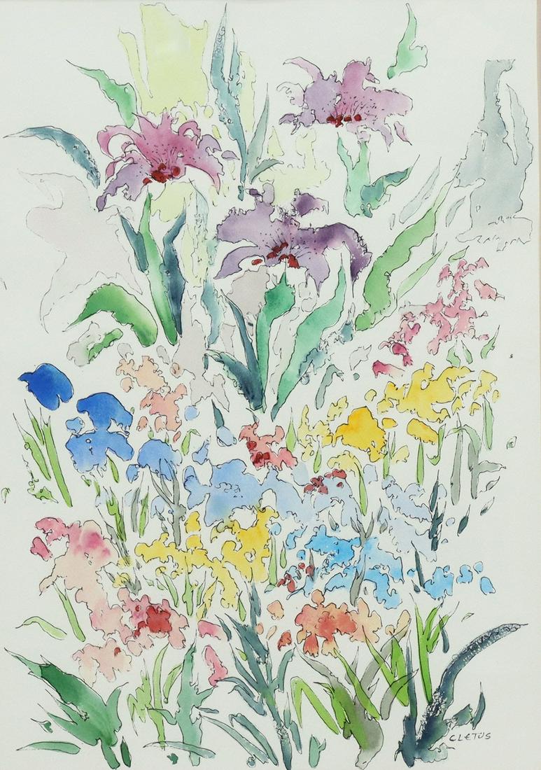 CLETUS BEHLMANN (TX, 1933-2016) FLORAL WATERCOLOR: Framed watercolor painting on paper, "Roadside Gems" ( Floral Array), signed lower right Cletus (Brother Cletus Behlmann, Missouri, Texas, 1933-2016), titled at verso on exhibition card, sight: 19.5"h