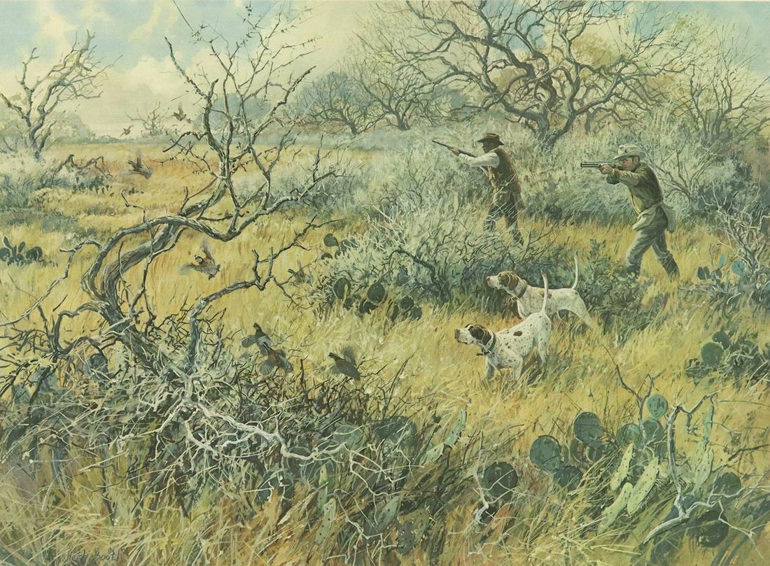 HERB BOOTH (D.2014) SIGNED PRINT 'BRUSHLAND BOBS': Framed offset print on paper, "Brushland Bobs," signed lower right Herb Booth (Texas, 1942-2014), numbered 150/ 600, sight: 21.5"h, 28"w, overall: 30.5"h, 37"w, 13.75lbs Start Price: $50.00