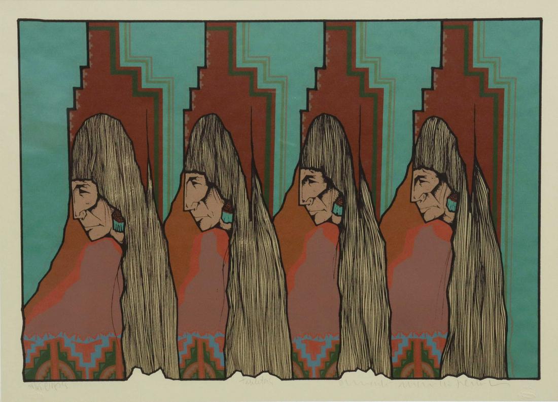 AMADO M. PENA JR. (B.1943) SOUTHWEST LITHOGRAPH: Framed lithograph on paper, "Tanletas," signed lower right Amado Maurilio Pena Jr. (Texas, Arizona, b.1943), numbered 38/ 65, two embossed blind stamps, sight: 20.25"h, 28"w, overall: 25.75"h, 33.25"w