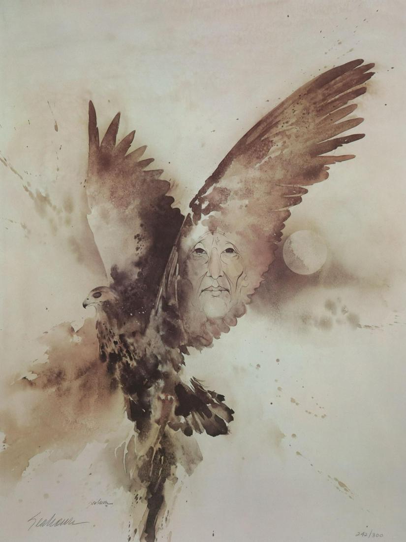 BERT SEABOURN (B.1931) 'MOON WALKER' SIGNED PRINT: Framed limited-edition print, "Moon Walker," signed lower left Seabourn (Bert Dail Seabourn, Oklahoma, b.1931), dated 1981, numbered 242/ 300, sight: approx 28.5"h, 21.5"w, overall: approx 34.75"h, 27