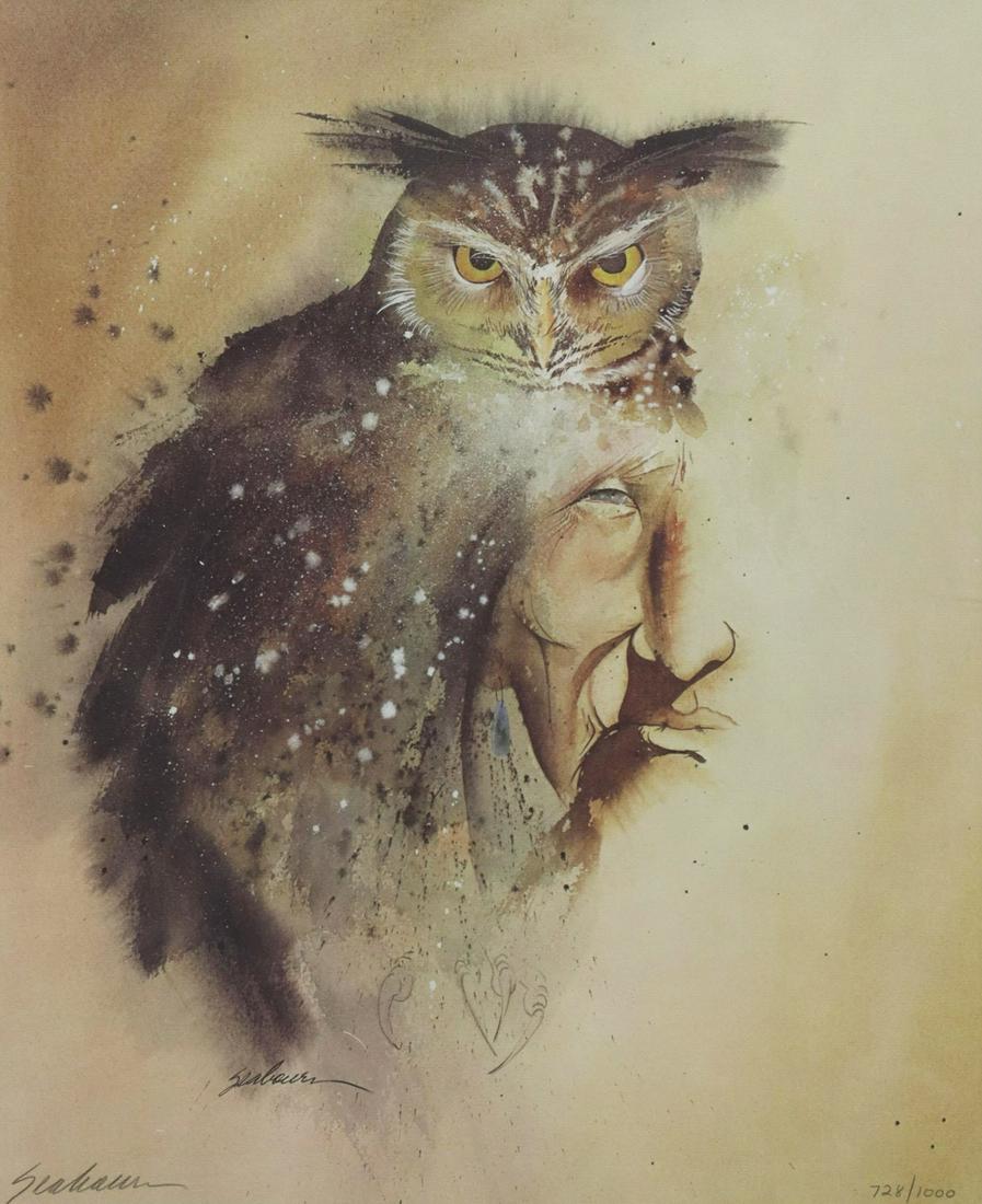 BERT SEABOURN (B.1931) NATIVE AMERICAN PRINT: Framed limited edition print, Abstract Portrait of a Native American and Owl, signed lower left Seabourn (Bert Dail Seabourn, Oklahoma, b.1931), numbered 728/ 1000, sight: approx 23"h, 19"w, overall: