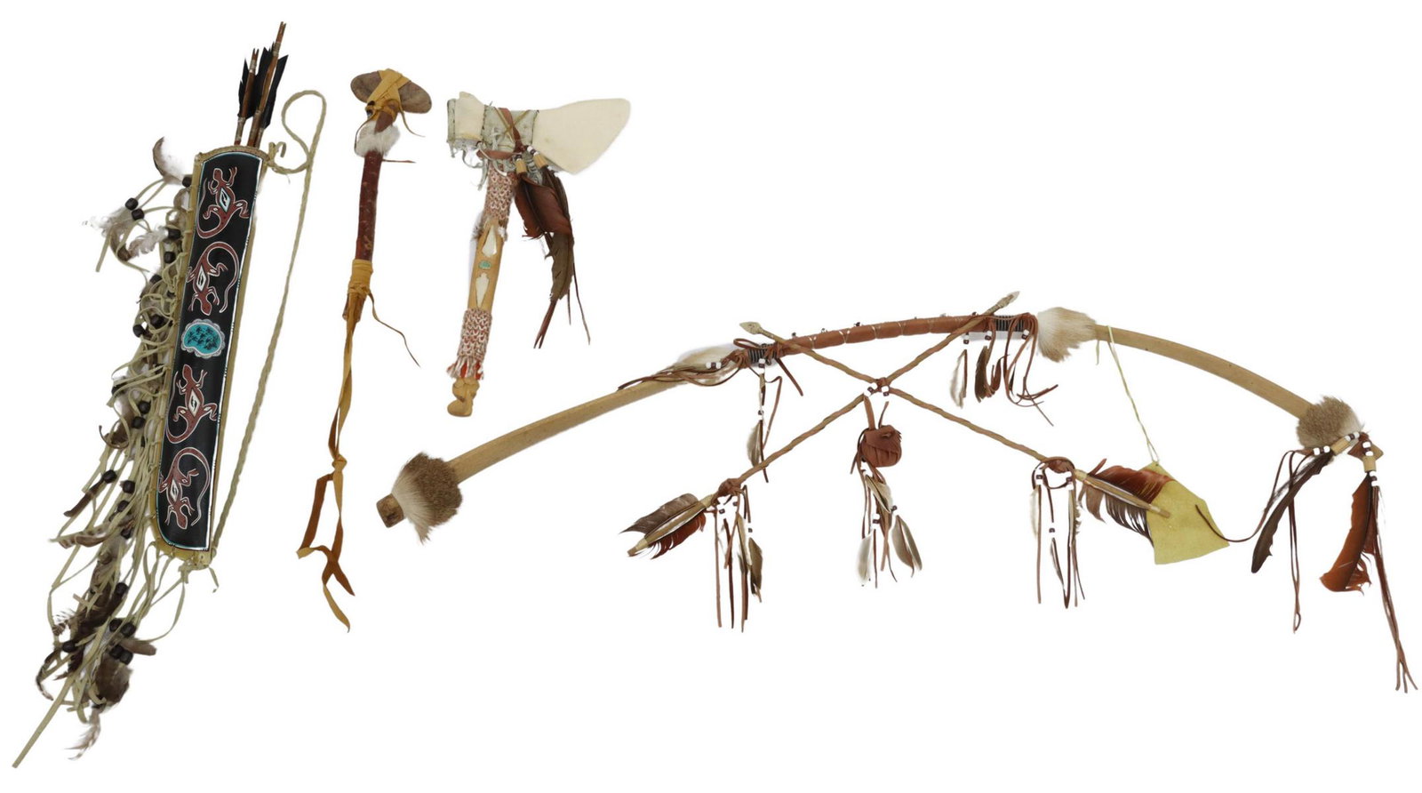 (4) NATIVE AMERICAN STYLE BOW & TOOLS WALL ART: (lot of 4) Native American style items, 20th c., accented with animal fur, feathers, and beaded fringe, comprising: (1) wood bow, fitted with two crossed arrows, small leather pouch, approx 52"l, 13"w