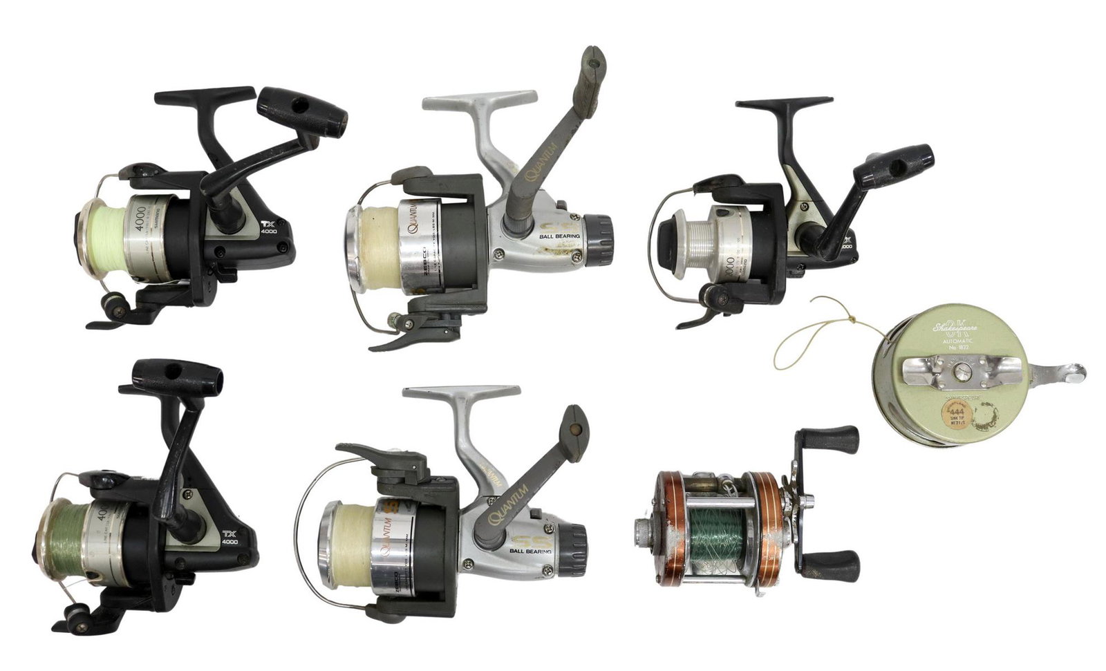(7) VINTAGE FISHING REELS: (lot of 7) Vintage fishing reels: (1) Ted Williams Model 540 casting reel; (1) Shakespeare Automatic No. 1822 fly reel; (1) Shimano 2000 spinning reel; (2) Quantum SS 4 spinning reel; (2) Quantum 4000