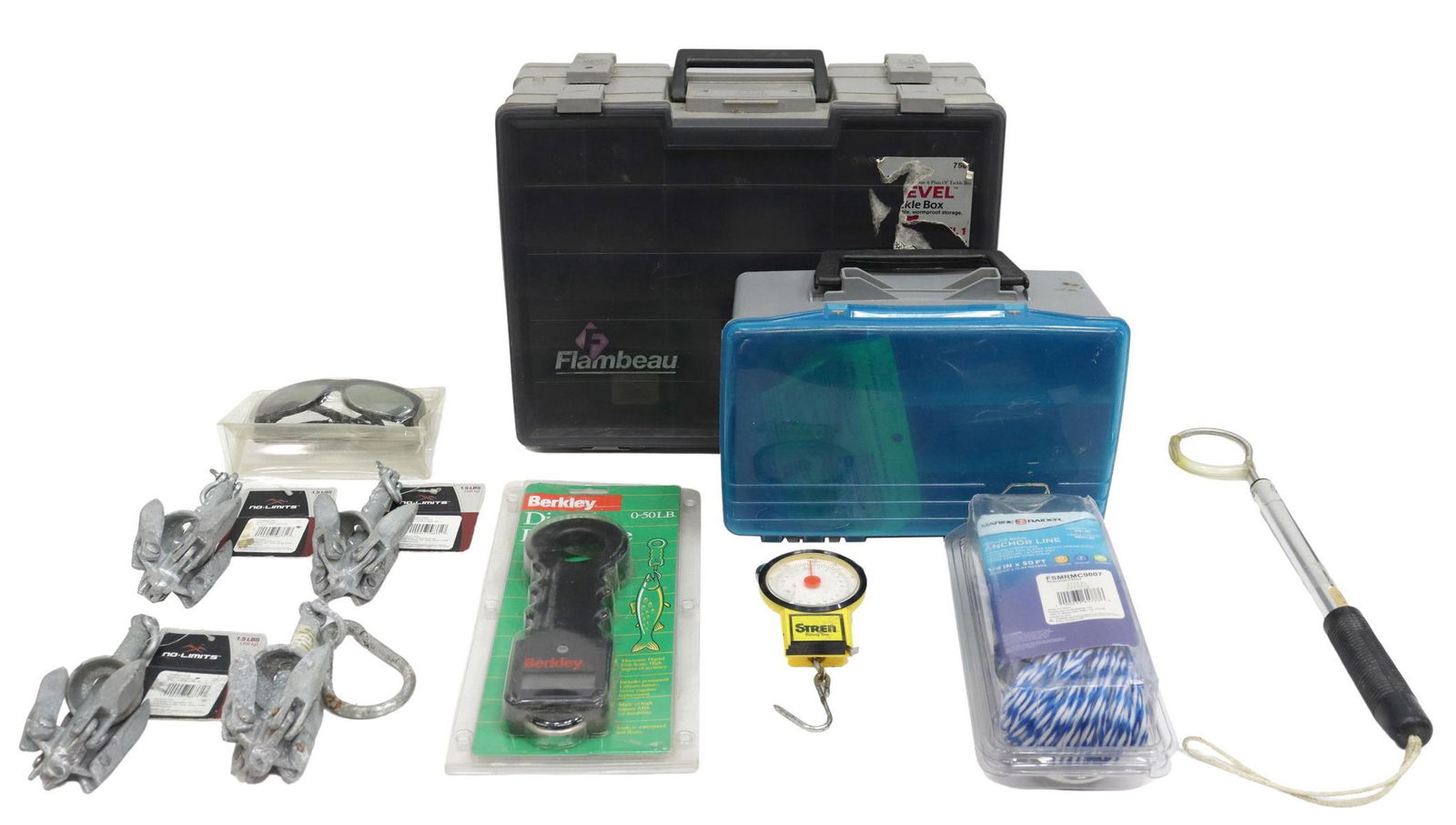 (10) FISHING EQUIPMENT, BOXES, LINE, ANCHOR SCALES: (lot of 10) Fishing equipment: (1) Flambeau multi- tier box with six partial boxes of fishing line by Spider, TriMax, monofilament and braided; (1) small Plano box with Berkley plastic lures; (1) Berk