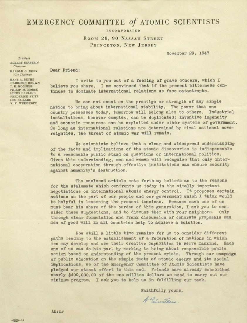 FRAMED ALBERT EINSTEIN SOLICITAION LETTER, 1947: Framed typed letter on the stationery of the Emergency Committee of Atomic Scientists, dated November 29, 1947, seeking funds for a campaign of public awareness and education "of the implications of t