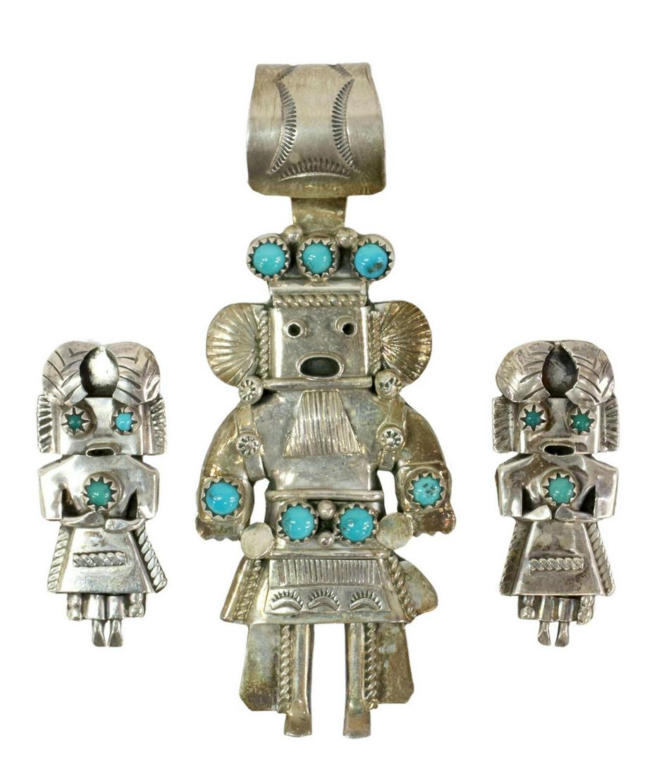 (2) NATIVE AMERICAN STERLING KACHINA JEWELRY: (lot of 2) Native American sterling silver jewelry, including: (1) kachina pendant, signed G, with seven turquoise cabochons, approx 3 1/8"l, 1.25"w (measurements inclusive of bail), (pair) kachina ea