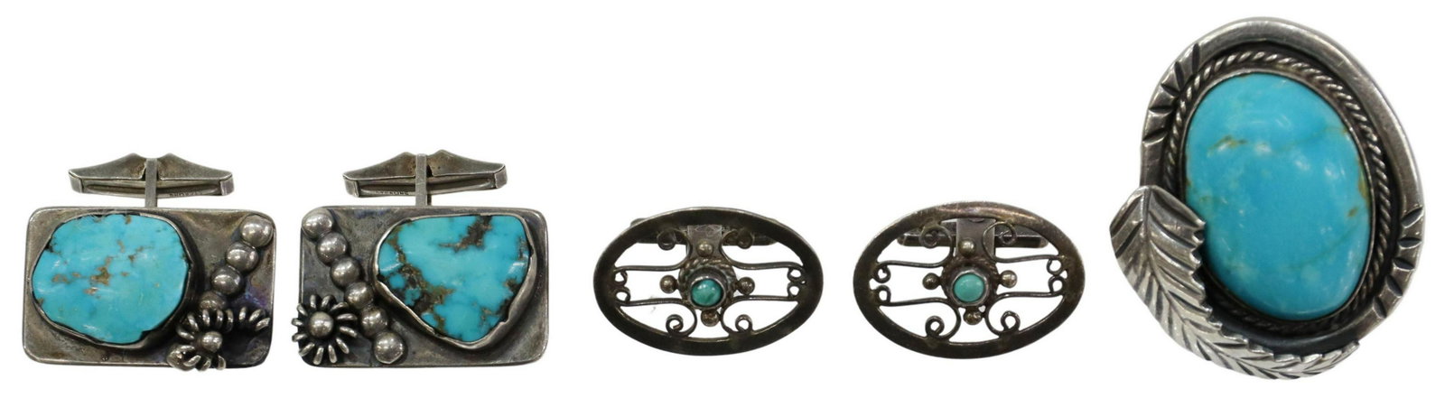 (3) NATIVE AMERICAN & MEXICO TURQUOISE JEWELRY: (lot of 3) Silver and turquoise jewelry, including: (1) Native American silver (content unknown) ring, with bezel-set turquoise cabochon, feather design, split shank, approx size 7, (pair) Native Amer