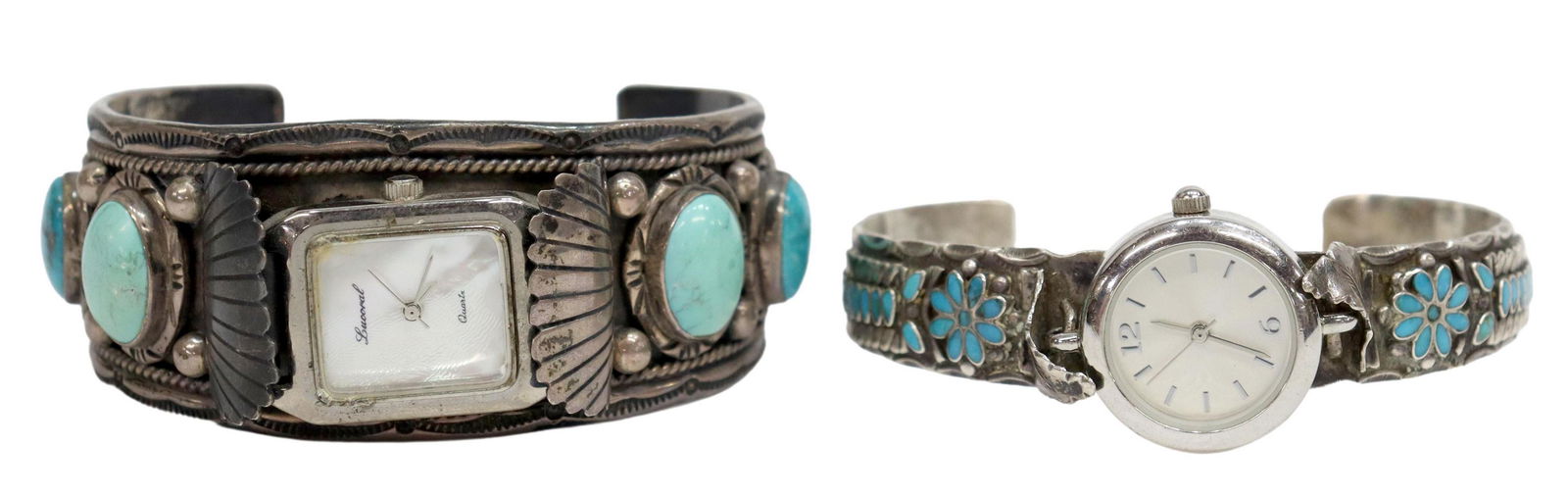 (2) NATIVE AMERICAN SILVER & TURQUOISE WATCH CUFFS: (lot of 2) Native American silver watch cuffs, including: (1) sterling silver watch cuff, signed GB, possibly Garrison Boyd (Navajo, 20th c.), with turquoise and coral cabochons, Lucoral watch with mo