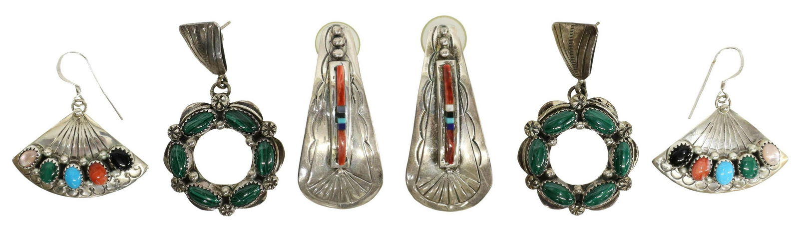 (3) SOUTHWEST STERLING & SILVER EARRING GROUP: (3 pair) Southwest silver earrings, all for pierced ears: (pair) sterling, dangle earrings set with malachite cabochons, approx 2"l; (pair) sterling, fan form earrings, multi-stone cabochons with mala