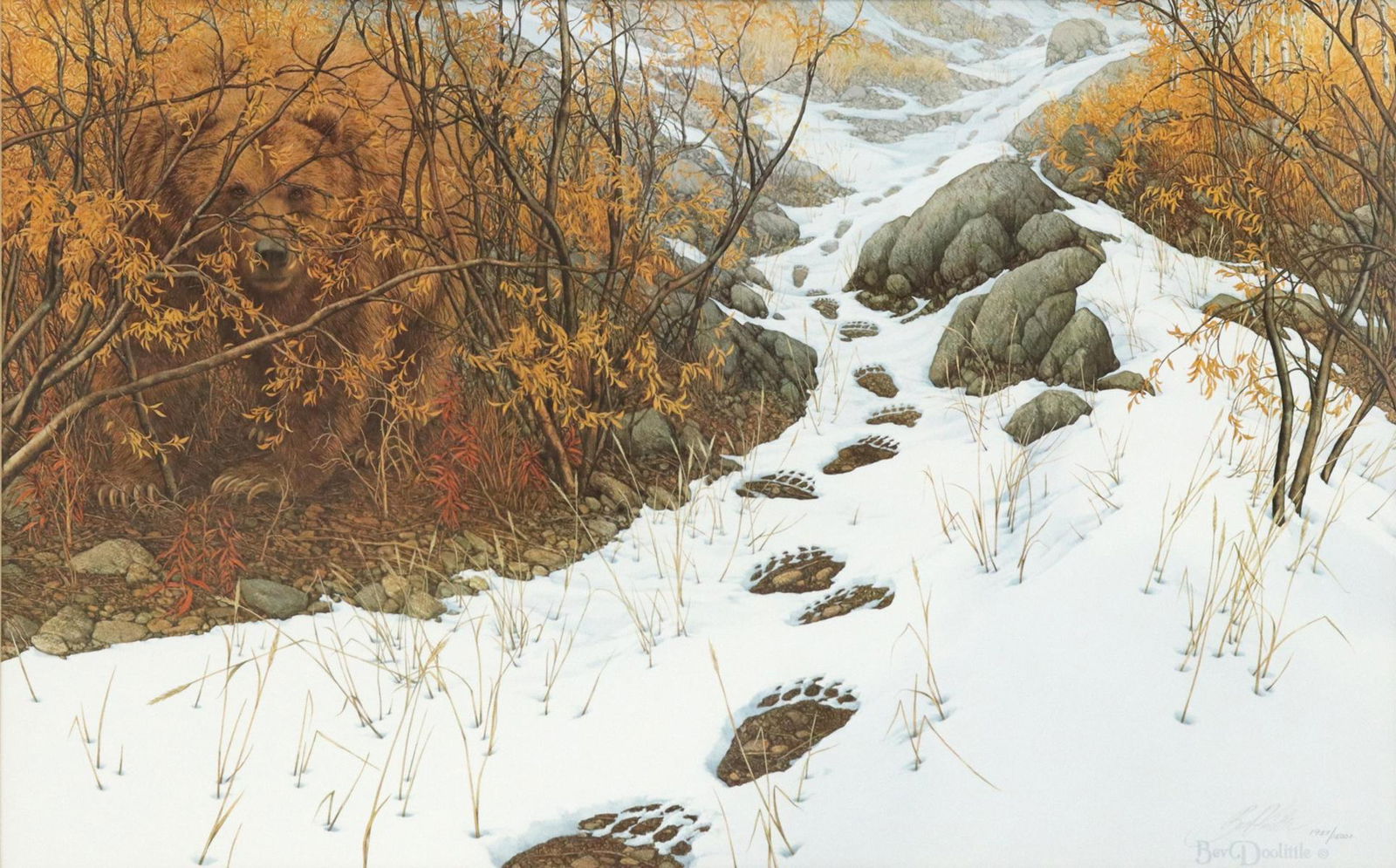 BEV DOOLITTLE (B.1947) 'DOUBLED BACK' WINTER PRINT: Framed print on paper, "Doubled Back," signed lower right Bev Doolittle (California, b.1947), numbered 1,958/ 15,000, c.1988, published by The Greenwich Workshop, sight: 18"h, 30.5"w, overall: 28.25"h