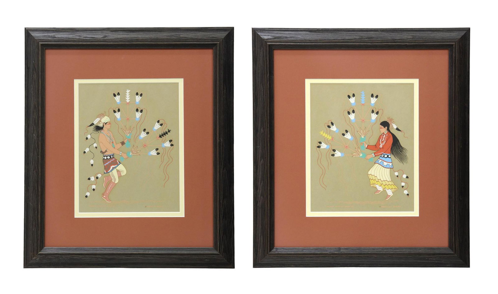 (2) HARRISON BEGAY NAVAJO DANCERS SILKSCREENS: (lot of 2) Framed silkscreen on paper, "Navajo Feather Dancer," signed in print lower right Harrison Begay (Navajo, 1917-2012), sight: 12"h, 9.5"w, overall: 22.5"h, 20"w; 11.5lbs total Start Price: $8